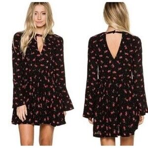 Free People Tegan Mini Swing Dress Size 4 Bell Sleeve Black Floral Cut out